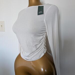 Wild Fable Off White Ruched Long Sleeve Top Crewneck Blouse XS